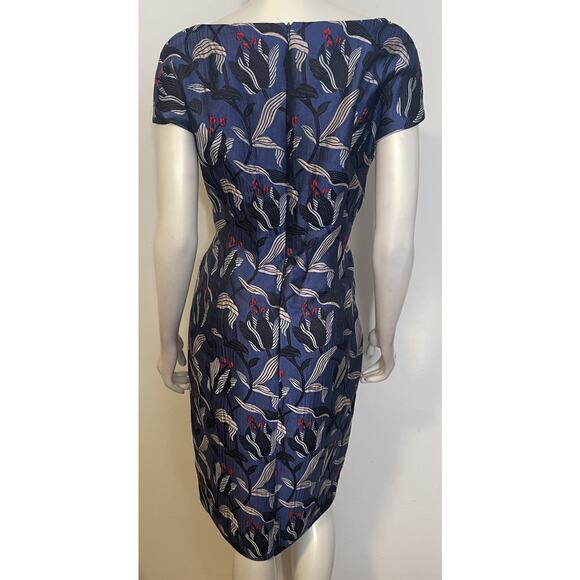Escada Blue Red White Floral Silk Sheath Dress 42 US 12 SS Fitted Tulip Jacquard - Picture 5 of 12